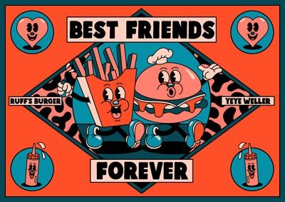 Postkarte mit einem Burger- und Pommesmotiv.